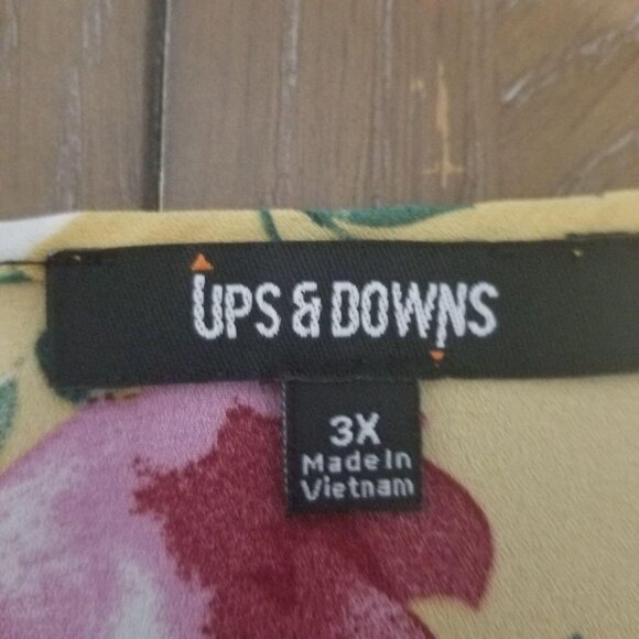 Floral Yellow Plus Size Tunic Blouse With V-Neck & Button Accents By Ups & Downs - Picture 4 of 4